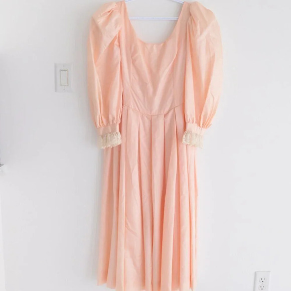 Vintage Peach 80's Prom Dress with Puff Sleeve - Picture 1 of 16